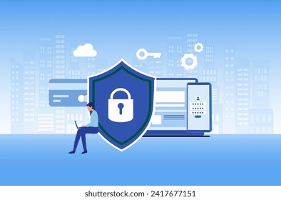 
Cyber security and data protection privacy, PDPA concept. Businessman secure data management and protect data from hacker attacks and padlock icon to internet technology networking vector illustratio