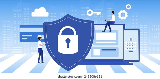 Cyber security and data protection privacy, PDPA concept. Businessman secure data management and protect data from hacker attacks and padlock icon to internet technology networking vector illustration