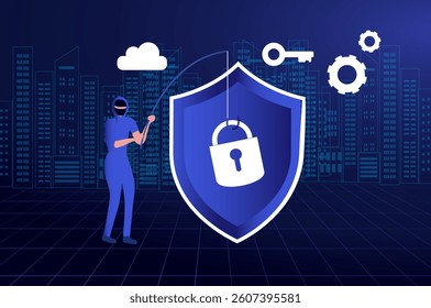 Cyber security and data protection privacy, PDPA concept. Businessman secure data management and protect data from hacker attacks and padlock icon to internet technology networking vector illustration