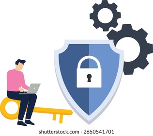 Cyber security and data protection privacy, PDPA concept. Businessman secure data management and protect data from hacker attacks and padlock icon to internet technology networking vector illustration