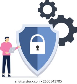 Cyber security and data protection privacy, PDPA concept. Businessman secure data management and protect data from hacker attacks and padlock icon to internet technology networking vector illustration