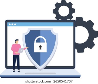 Cyber security and data protection privacy, PDPA concept. Businessman secure data management and protect data from hacker attacks and padlock icon to internet technology networking vector illustration