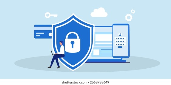 Cyber security and data protection privacy, PDPA concept. Businessman secure data management and protect data from hacker attacks and padlock icon to internet technology networking vector illustration