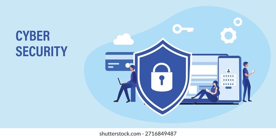 Ciberseguridad y protección de datos, concepto PDPA. Hombre de negocios asegura la gestión de datos y protege los datos de ataques de piratas informáticos y el ícono del candado a la Ilustración vectorial de redes de tecnología de Internet