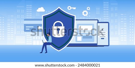 Cyber security and data protection privacy, PDPA concept. Businessman secure data management and protect data from hacker attacks and padlock icon to internet technology networking vector illustration