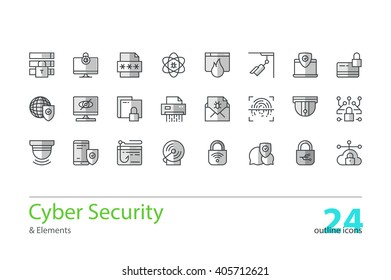 Cyber security, data protection. Set of outline monochrome vector icons. 