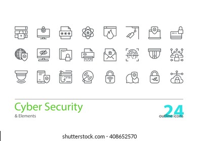 Cyber security, data protection. Set of outline vector icons. 