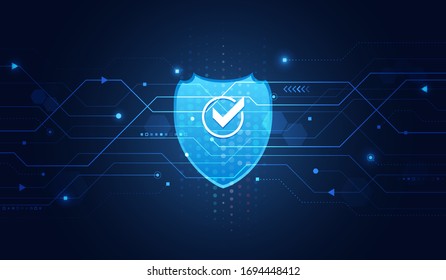 Cyber security and data protection. Shield icon, future technology for verification. Abstract circuit board. Data security system, information or network protection.