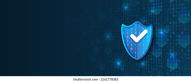 Cyber Security And Data Protection. Shield Icon, Future Technology For Verification. Abstract High Tech Background. Data Security System, Information, Or Network Protection.