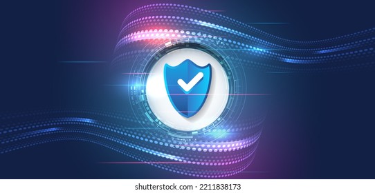 Cyber security and data protection. Shield icon, future technology for verification. Abstract high tech background. Data security system, information, or network protection.