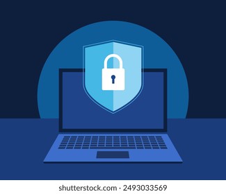 icono o símbolo de ciberseguridad o protección de datos delante de la pantalla de un portátil con fondo azul oscuro.