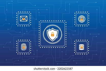 Cyber security data protection technology privacy concept. Interactive virtual control screen with padlock shield. Vector illustration
