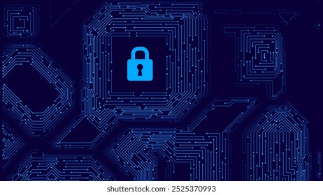 Cyber Security and Data Protection Technology Background. Cyber Lock Icon. Digital Circuit Network Protection Backdrop. Vector Illustration.