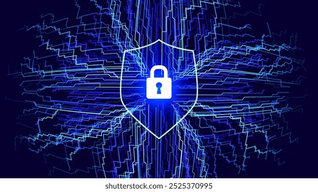 Cyber Security and Data Protection Technology Background. Cyber Lock Icon. Digital Circuit Network Protection Backdrop. Vector Illustration.