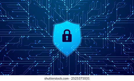 Cyber Security and Data Protection Technology Background. Cyber Lock Icon. Digital Circuit Network Protection Backdrop. Vector Illustration.