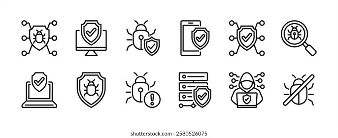 Cyber security and data protection technology thin line icon set. Containing antivirus, bug, hacker attack, and threats computer. Digital shield, warning, barrier, crime, no, and searching vector