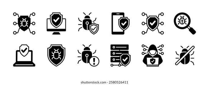 Cyber security and data protection technology icon vector set. Containing antivirus, bug, hacker attack, and threats computer. Digital shield, warning, barrier, crime, no, searching