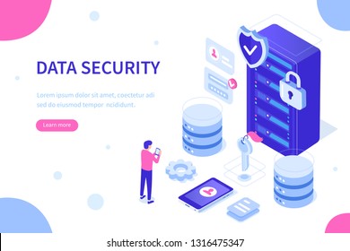 Cyber security and data storage concept with characters. Can use for web banner, infographics, hero images. Flat isometric vector illustration isolated on white background.