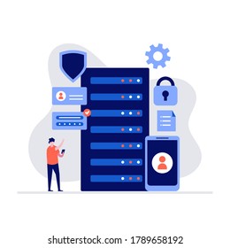 Cyber security and data storage concept with characters. Modern vector illustration in flat style for landing page, mobile app, poster, flyer, template, web banner, infographics, hero images.