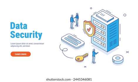 Cyber security and data storage concept with characters. Securely store data on a server or in the cloud. Remote access to files. Vector isometric in outline style isolated on white background.