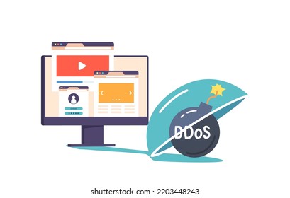 Seguridad Cibernética, Protección De Ddos, Concepto De Privacidad. Bomba protectora para la cubierta de la doma con fusible en llamas. Información, Tecnología De Protección De Datos O De Red, Seguridad De Servicios Web. Ilustración del vector de dibujos animados