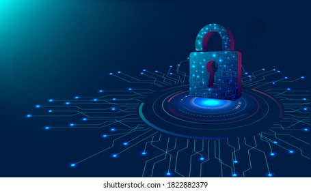 Cyber Security Design. Padlock Lock On Digital Screen, 3d Render Padlock Protection Digital Network Internet Link On Hi Tech Blue Future Background.