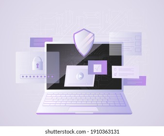 Cyber security design. Realistic laptop with icon and other details. Vector illustration 