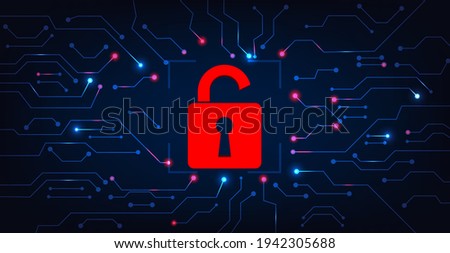 Cyber security destroyed concept.Padlock red open on electric circuits  network dark blue background.Cyber attack and Information leak concept.Vector illustration.