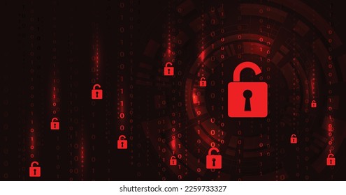 Cyber security destroyed. Padlock red opens on code connection dark red background.Cyber attack and Information leak concept.Vector illustration.