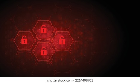 Cyber security destroyed.Padlock red open on electric circuits network dark red background.Cyber attack and Information leak concept.Vector illustration.