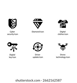 Cyber security, Diamond, Digital clothes, Digital key, Driver update, Drone technology, icon