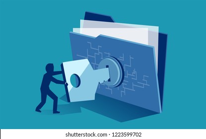 Cyber security digital file protection concept. Vector of man using security key to access digital file 