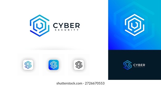 Cyber Security Digital Hexagon Lock Logo Icon (Ícone de logotipo de bloqueio de hexágono digital de segurança cibernética). Símbolo de Cibersegurança de Sinal de Combinação Seguro de Linha. Proteção de Dados de Privacidade Azul Código Seguro Abstrato Sistema de Segurança de Rede Hex Shield. Ilustração de vetor
