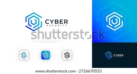 Cyber Security Digital Hexagon Lock Logo Icon. Line Safe Combination Sign Cybersecurity Symbol. Blue Privacy Data Protection Abstract Secure Code Network Safety System Hex Shield. Vector Illustration