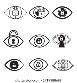 Conjunto de iconos de seguridad cibernética y privacidad digital con símbolos oculares