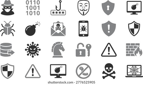 Cyber security and digital threat vector graphic set featuring icons of hackers malware viruses phishing shields and various data protection warning symbols