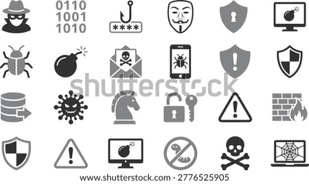 Cyber security and digital threat vector graphic set featuring icons of hackers malware viruses phishing shields and various data protection warning symbols