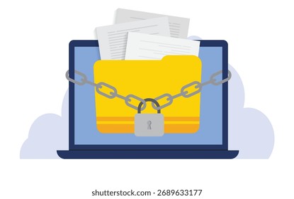cyber security, document file folder has been locked, laptop attacked by ransomware concept, chain and padlock around laptop