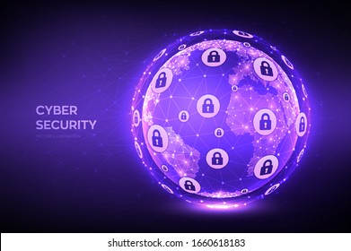 Cyber security. Earth globe illustration. Abstract polygonal planet. Information protect and Security of Safe concept. Illustrates cyber data security or network security idea. Vector illustration.