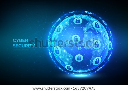 Cyber security. Earth globe illustration. Abstract polygonal planet. Information protect and Security of Safe concept. Illustrates cyber data security or network security idea. Vector illustration.