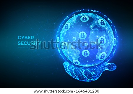 Cyber security. Earth globe illustration. Abstract polygonal planet in hand. Information protect and Security of Safe concept. Cyber data security or network security idea. Vector illustration.