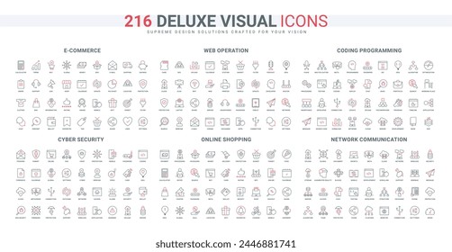 Cyber security of ecommerce, web services and mobile apps, algorithms line icons set. Augmented reality, growth and development of networks thin black and red outline symbols vector illustration