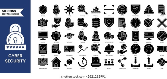 Cyber security editable icon set in solid style. Data protection, malware, security, firewall, scan, secured network icon collection. Vector illustration