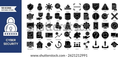 Cyber security editable icon set in solid style. Data protection, malware, security, firewall, scan, secured network icon collection. Vector illustration