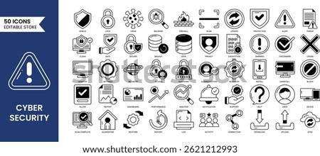 Cyber security editable icon set in duotone style. Data protection, malware, security, firewall, scan, secured network icon collection. Vector illustration