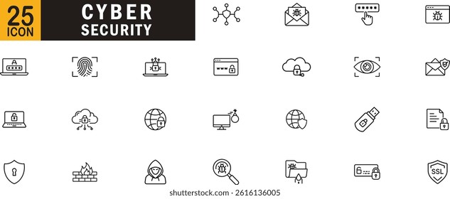 Cyber security editable outline icon set. Data protection, encryption, firewall, malware, password safety, phishing, privacy tools, digital defense, cyber threat and more.