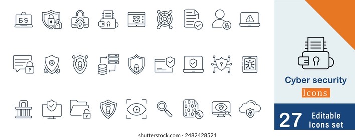 Conjunto de iconos de contorno de trazo editables de Cyber Security. Protección de datos, spam, seguro, seguridad, antivirus, Contraseña, privacidad, candado y hacker. Ilustración vectorial.