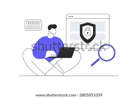 Cyber Security Encryption and Profile Login Authentication. Male Character Working on Laptop near Web Screen Window with Padlock and Magnifier. Flat Cartoon Vector Illustration, icon Stylish abstract design landing page web