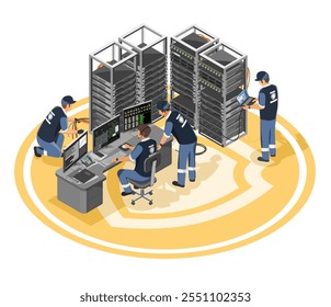 Ingeniero de seguridad cibernética y configuración de Asistencia de TI Sistema eléctrico en la sala de servidores Ilustración de concepto industrial aislado isométrico sobre fondo blanco