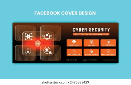 Cyber Security facebook cover Concepts. Vector Illustration of Outline Design